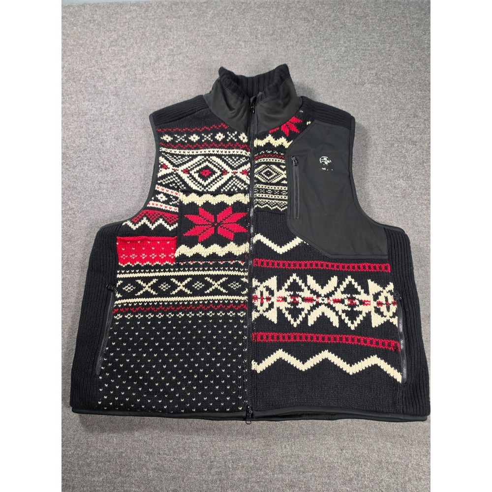 RLX Ralph Lauren Vest Mens XXL Black Wool Fair Isle Knit Softshell Panel Zip Up